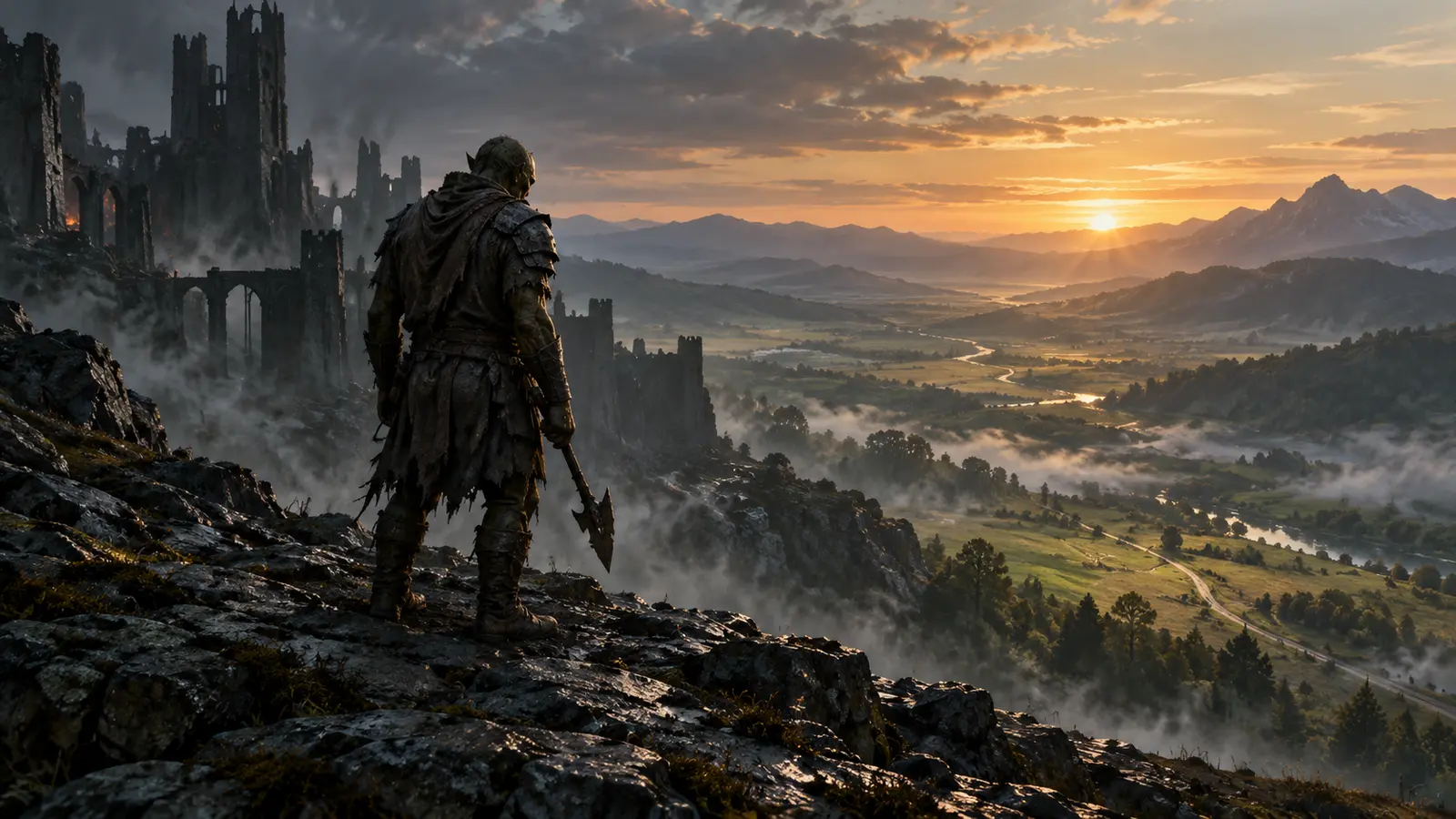 A weary orc-like soldier with a lowered weapon looking from a ruined dark fortress towards a green valley at sunrise
