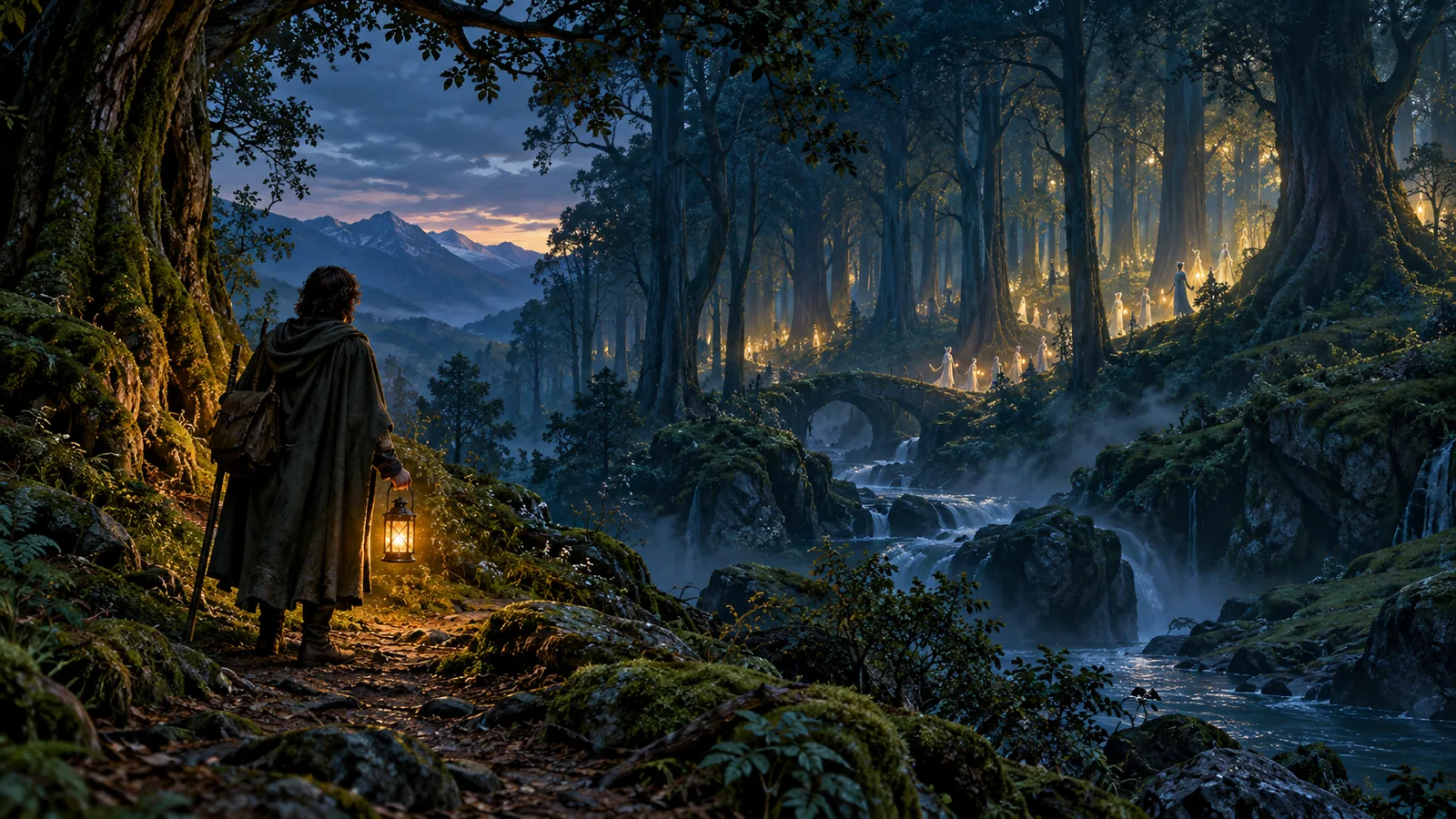 A small traveller holding a warm lantern at the edge of a dark woodland while distant Elven lights shine between the trees