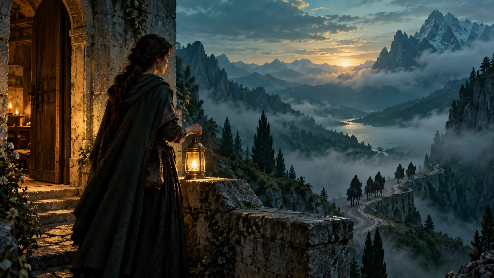 A woman holding a warm lantern at a mountain refuge while riders disappear along a misty road at dawn
