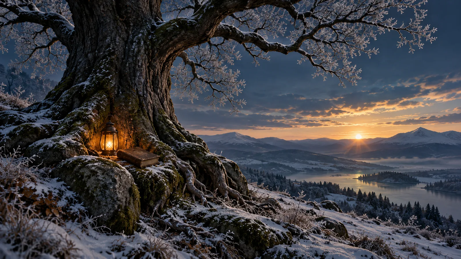 An ancient frost-covered tree rooted among stones beside a warm lantern at winter dawn