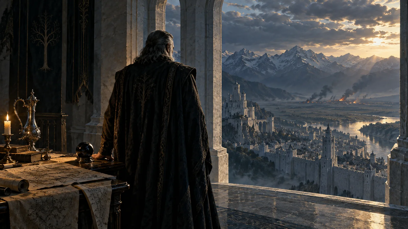 A solitary steward in a high stone chamber beside a dark seeing-stone, maps and lamplight above a besieged white city