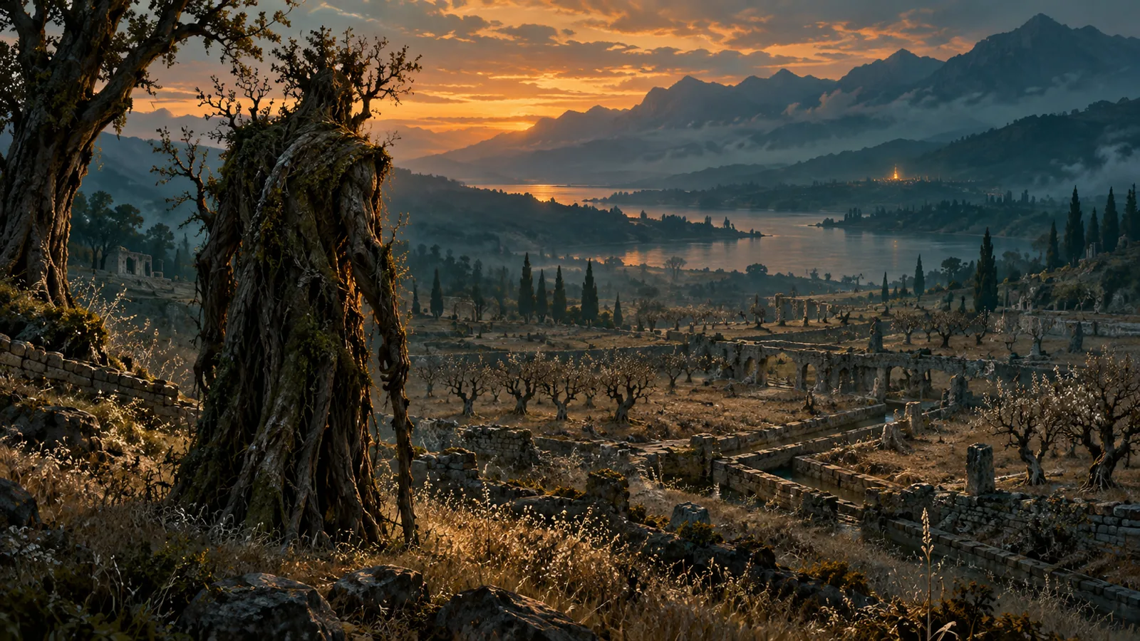 An ancient tree shepherd overlooking abandoned gardens and orchards beside a broad river at sunset