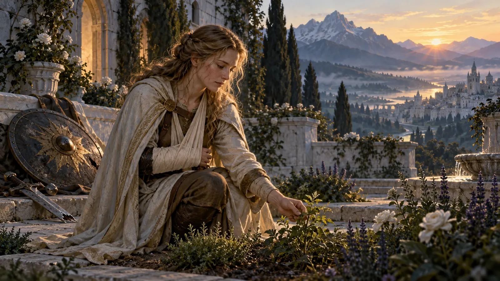 A wounded shieldmaiden tending a green plant in a high white garden at sunrise, with her shield and broken sword laid aside