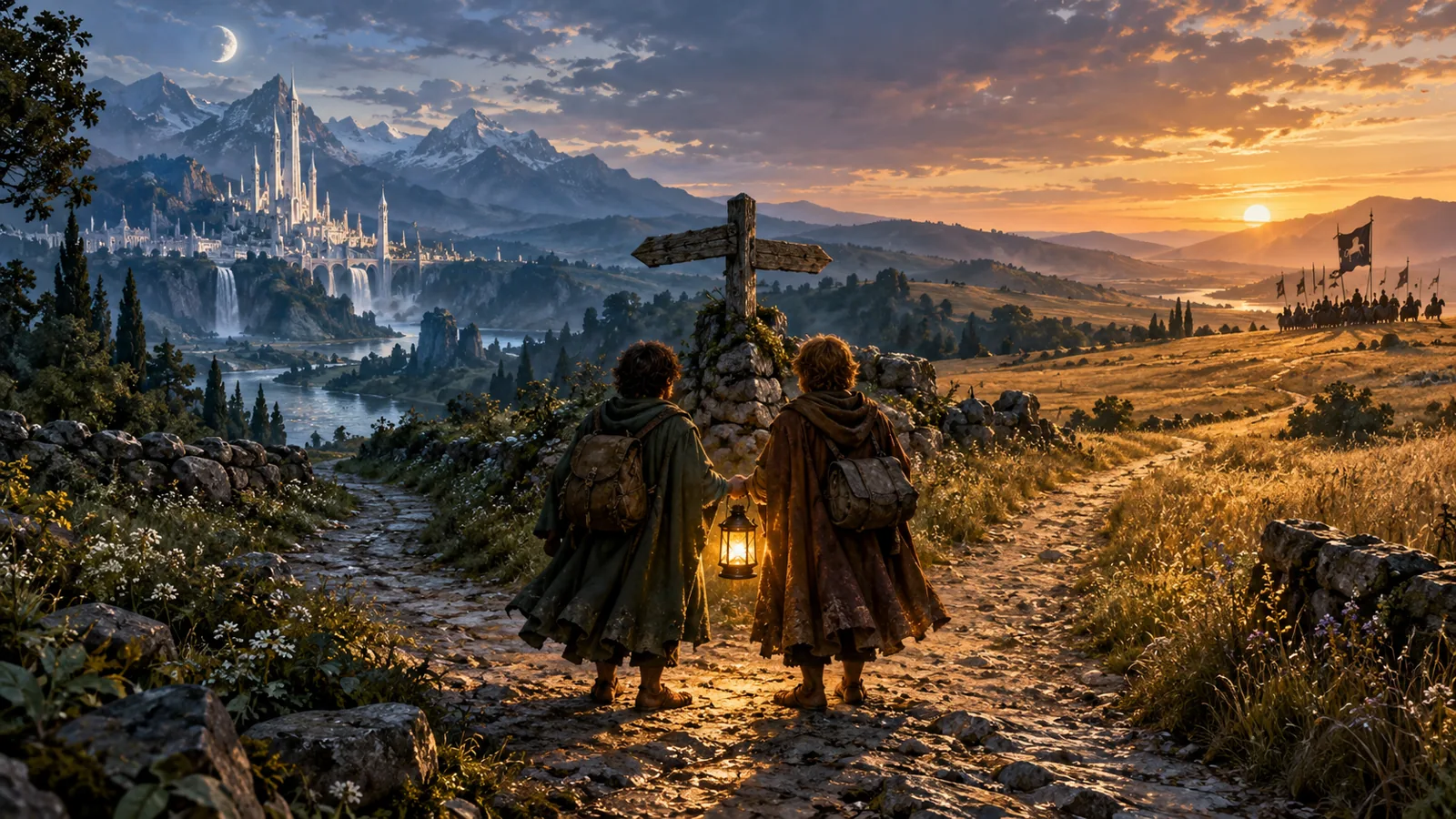 Two small travellers sharing a lantern where one road leads to a white mountain city and another to golden plains