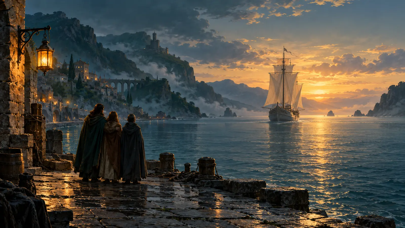 Three small cloaked travellers watching a pale ship sail from a lamplit harbour towards a golden horizon