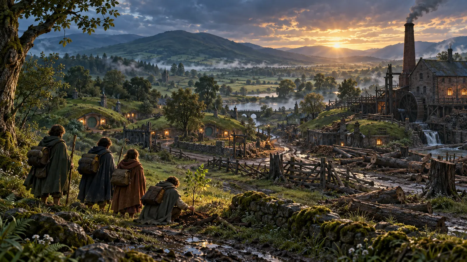 Four small travellers returning to a wounded green village where one plants a young tree beside felled woods and a smoking mill