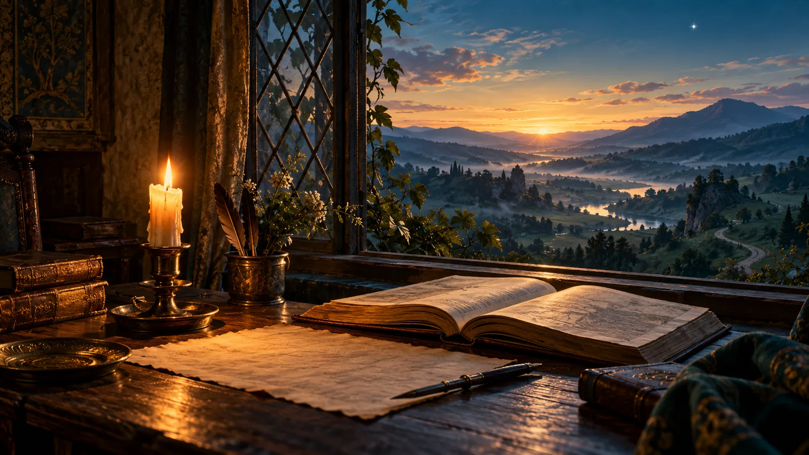 An aged letter and open book beside a warm candle overlooking a blue-green landscape at dawn
