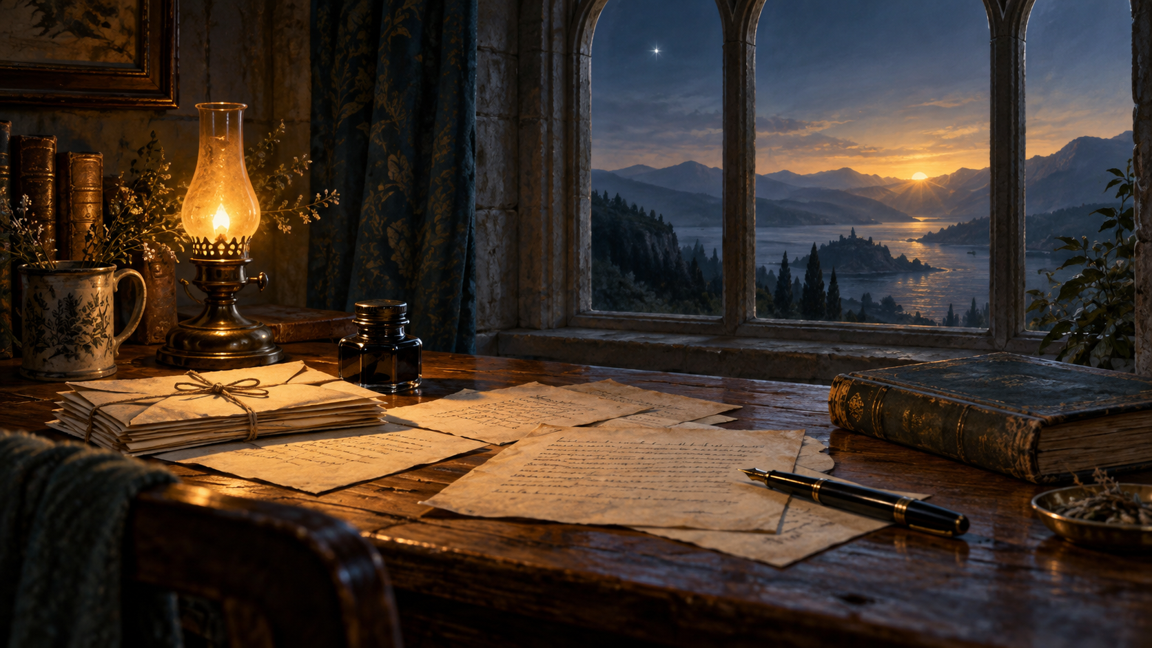 A lamplit writing desk covered with letters beside an arched window opening onto a distant golden dawn
