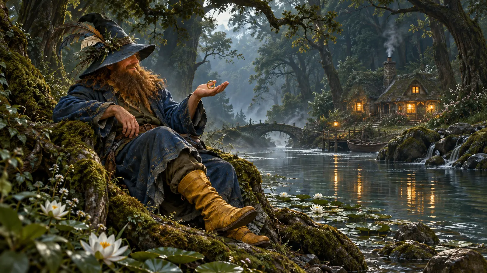 A merry woodland wanderer in a blue coat and yellow boots holding a plain gold ring beside a lamplit river house