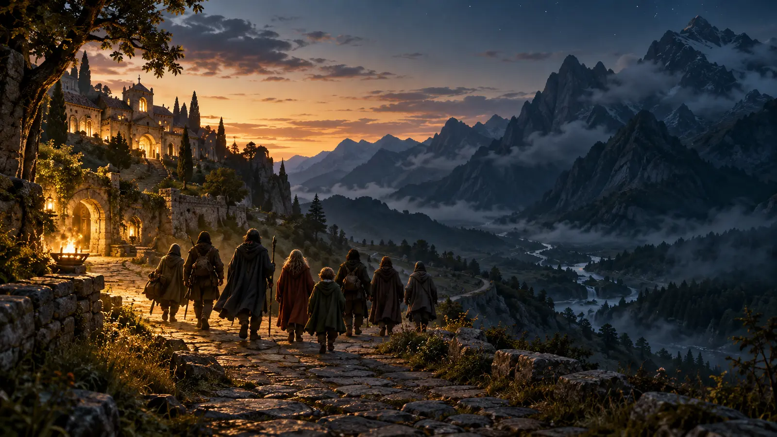 A small fellowship of travellers leaving a warm-lit refuge for a dark mountain road at twilight