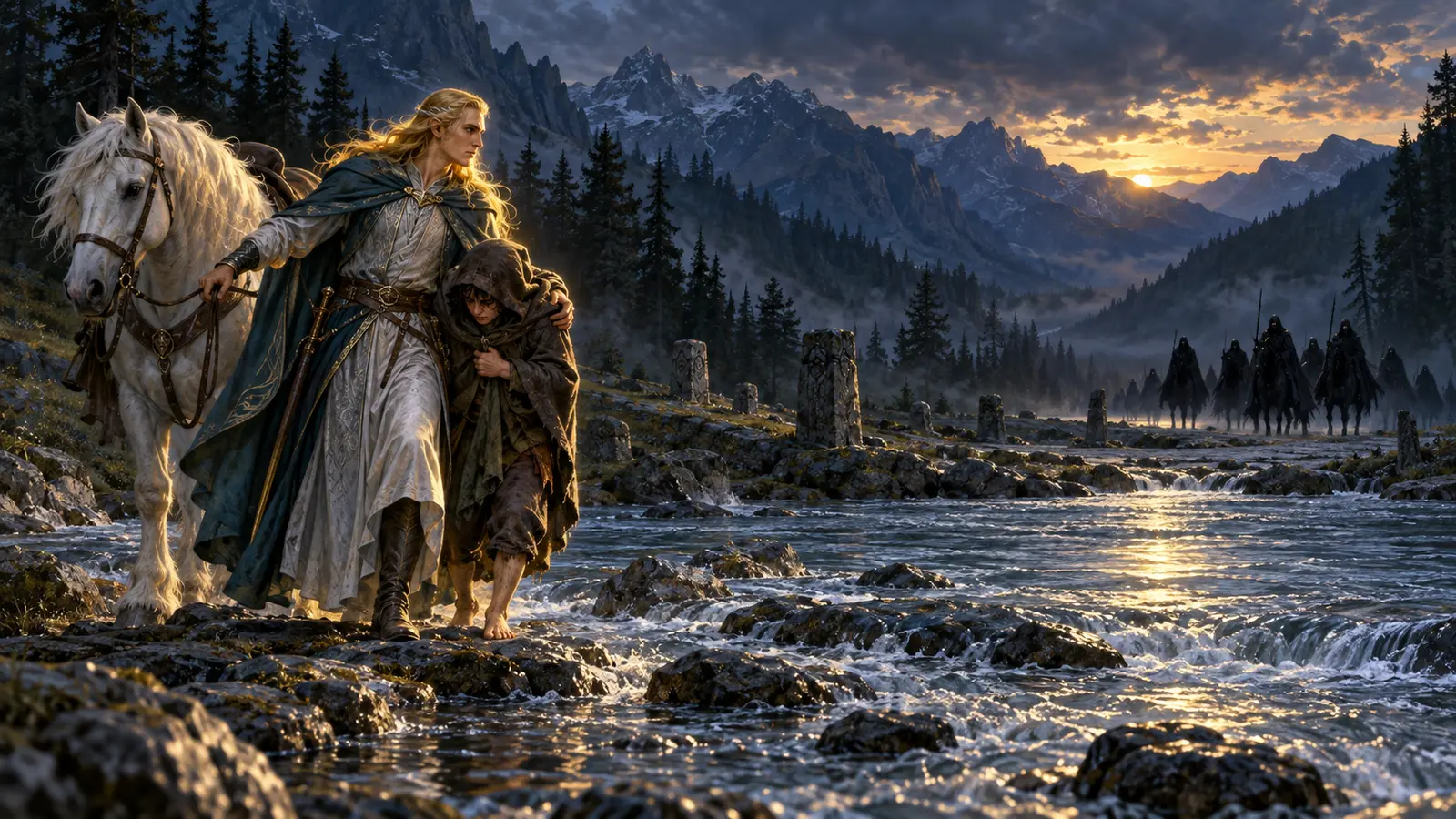 A radiant golden-haired Elf-lord supporting a wounded small traveller beside a white horse at a mountain river ford
